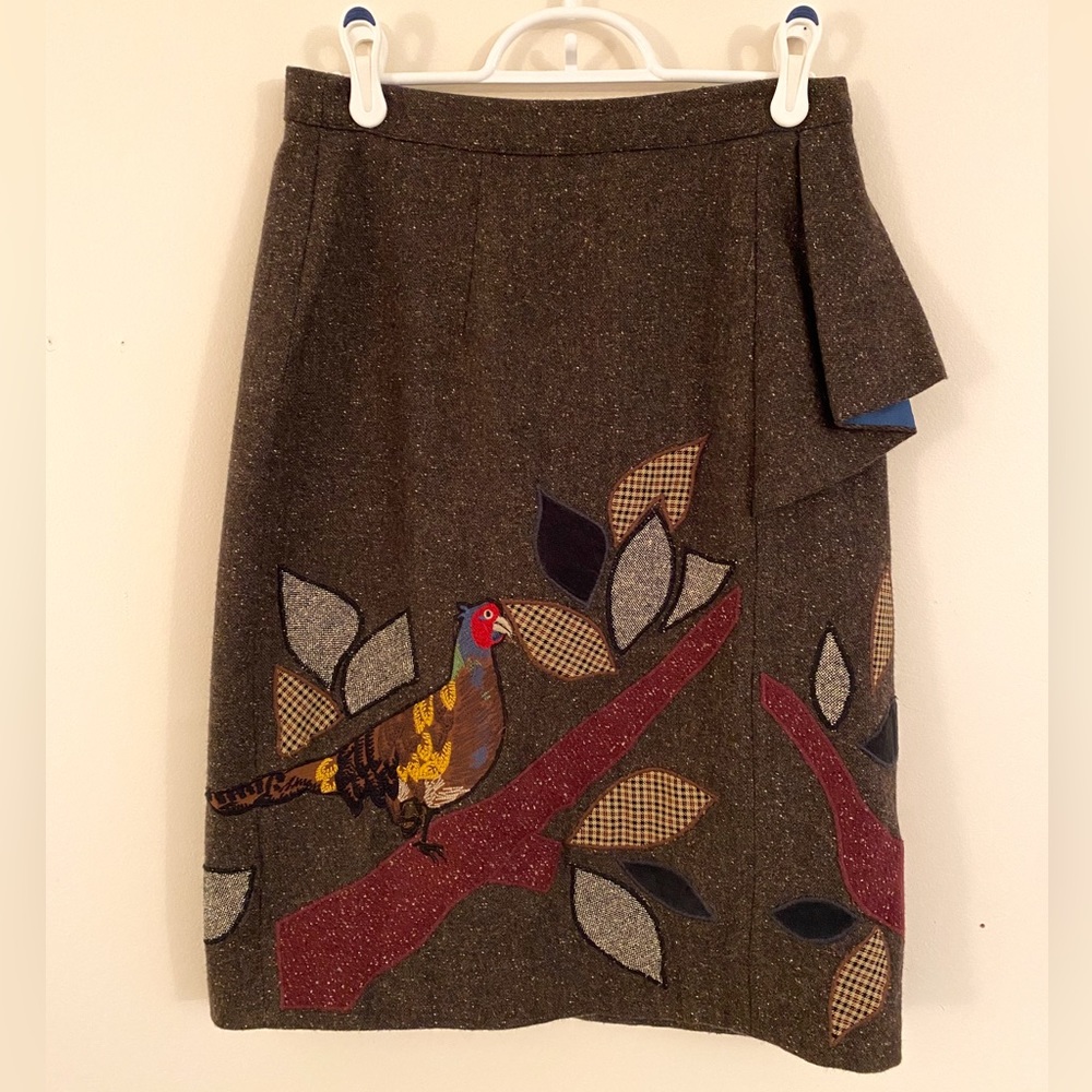 Anthropologie Floreat Wool Pencil Skirt with Bird Embroidery